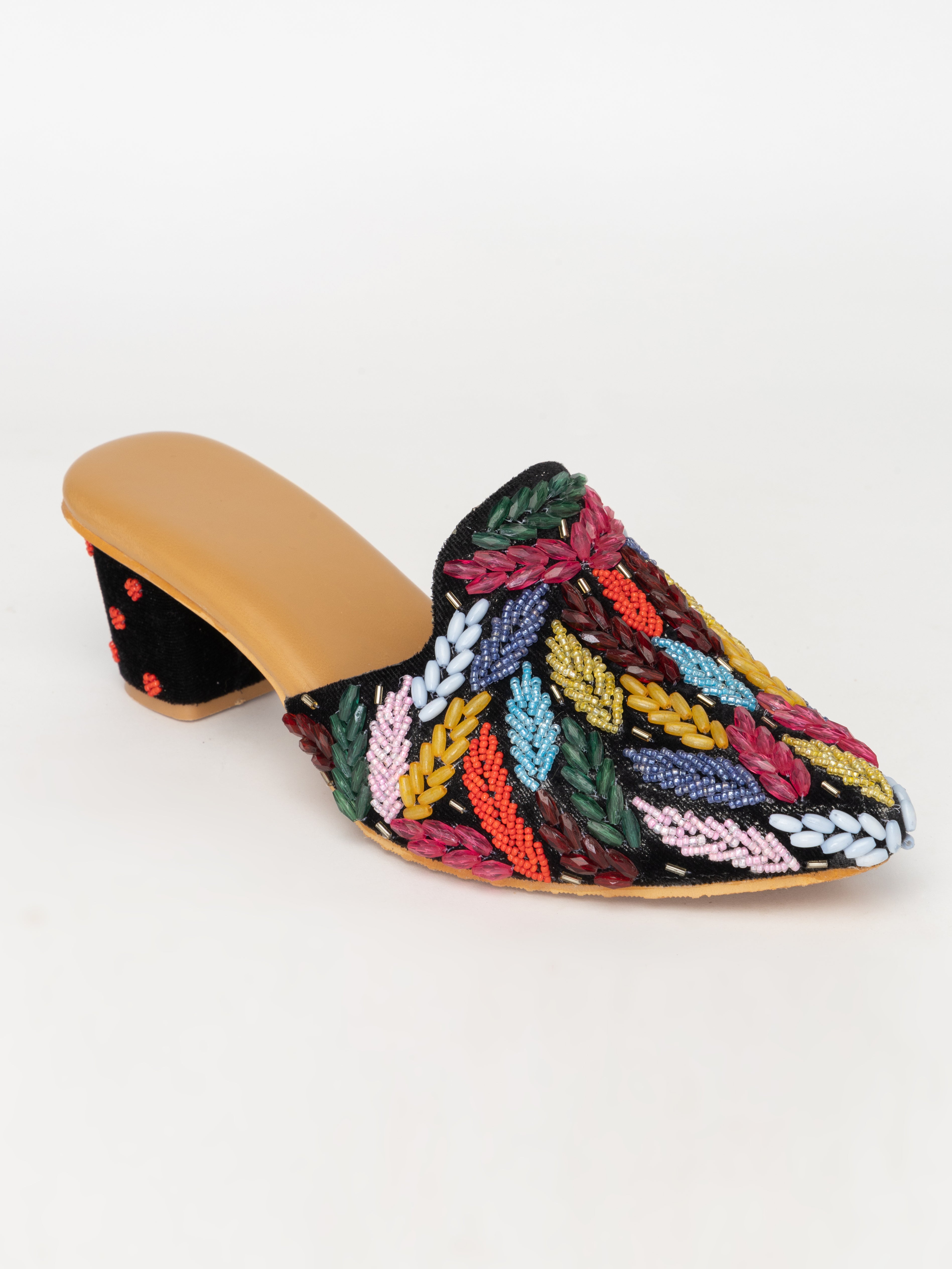 Black Beaded Mules – Elegant Petal Embellished Heels