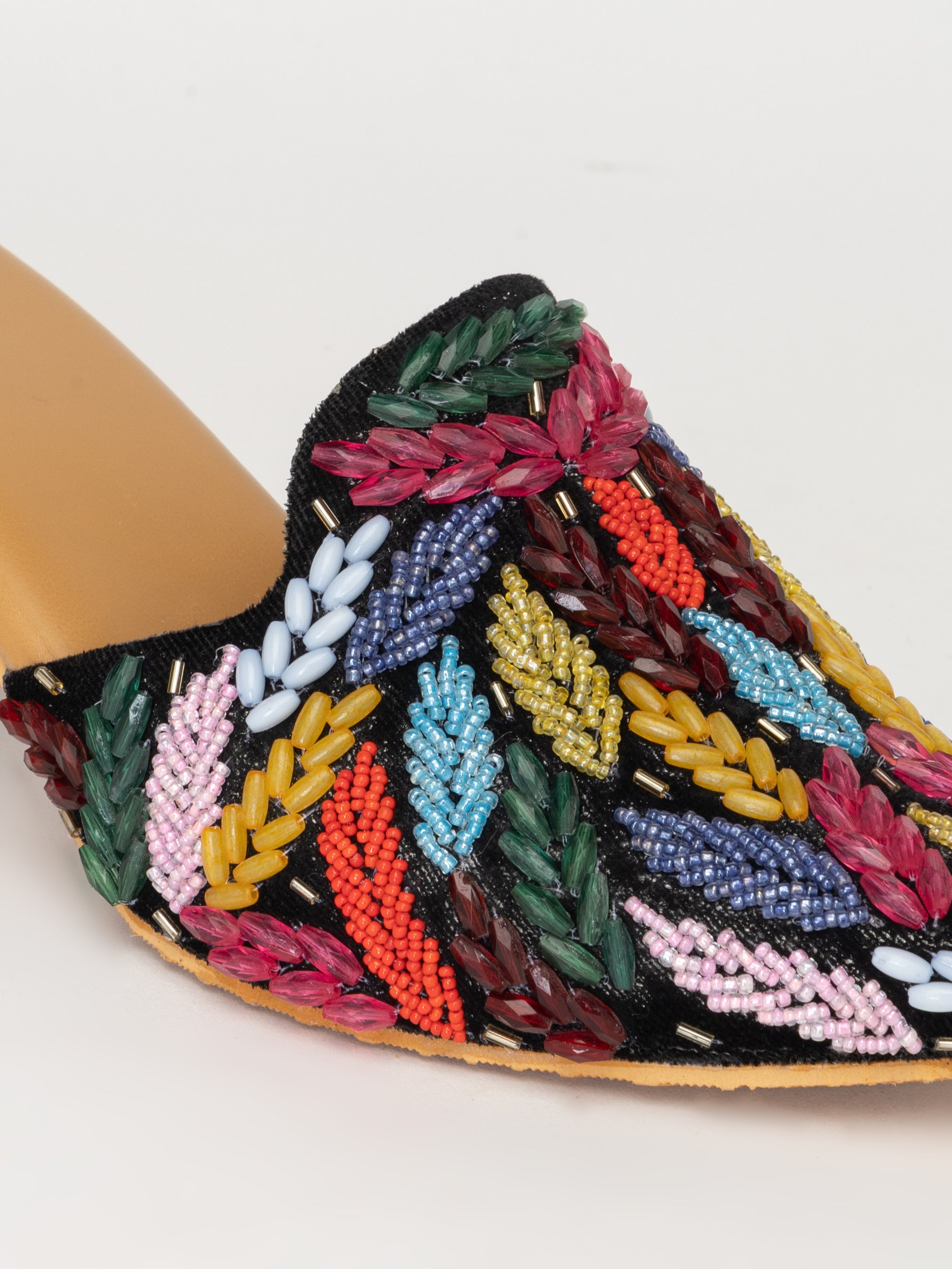 Black Beaded Mules – Elegant Petal Embellished Heels