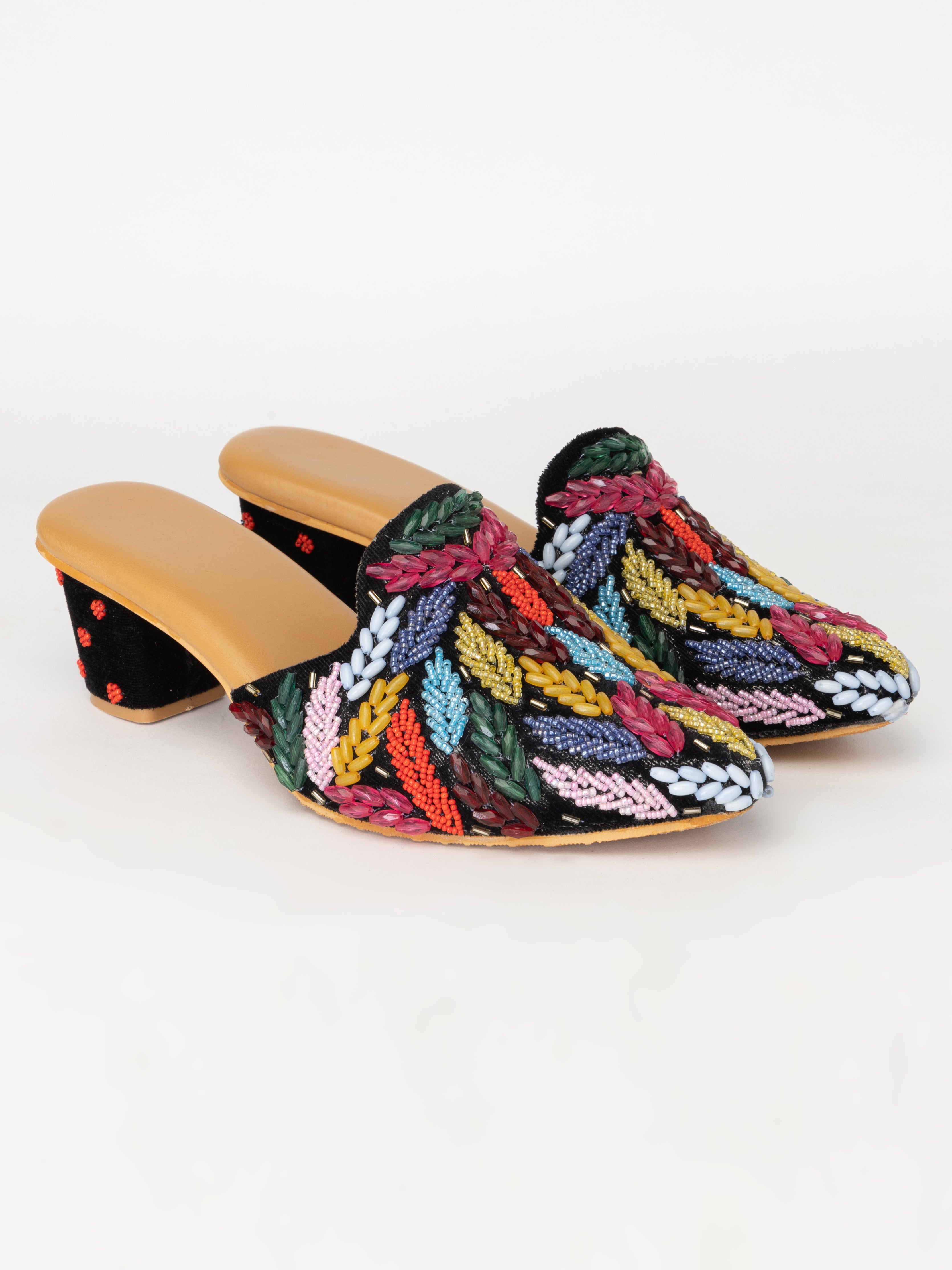 Black Beaded Mules – Elegant Petal Embellished Heels