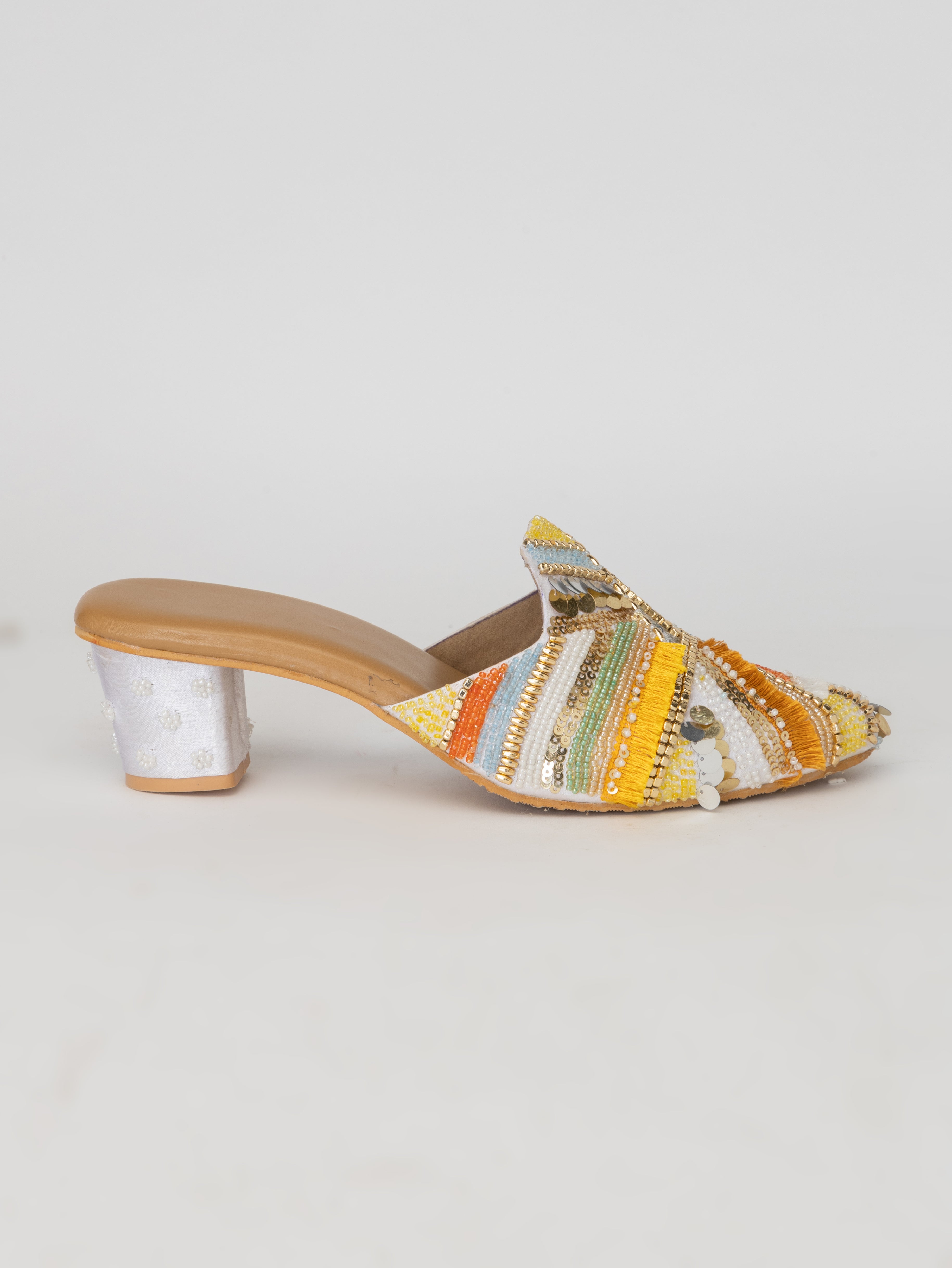 White Heeled Mules – Kaleidoscope Embellished Slip-Ons
