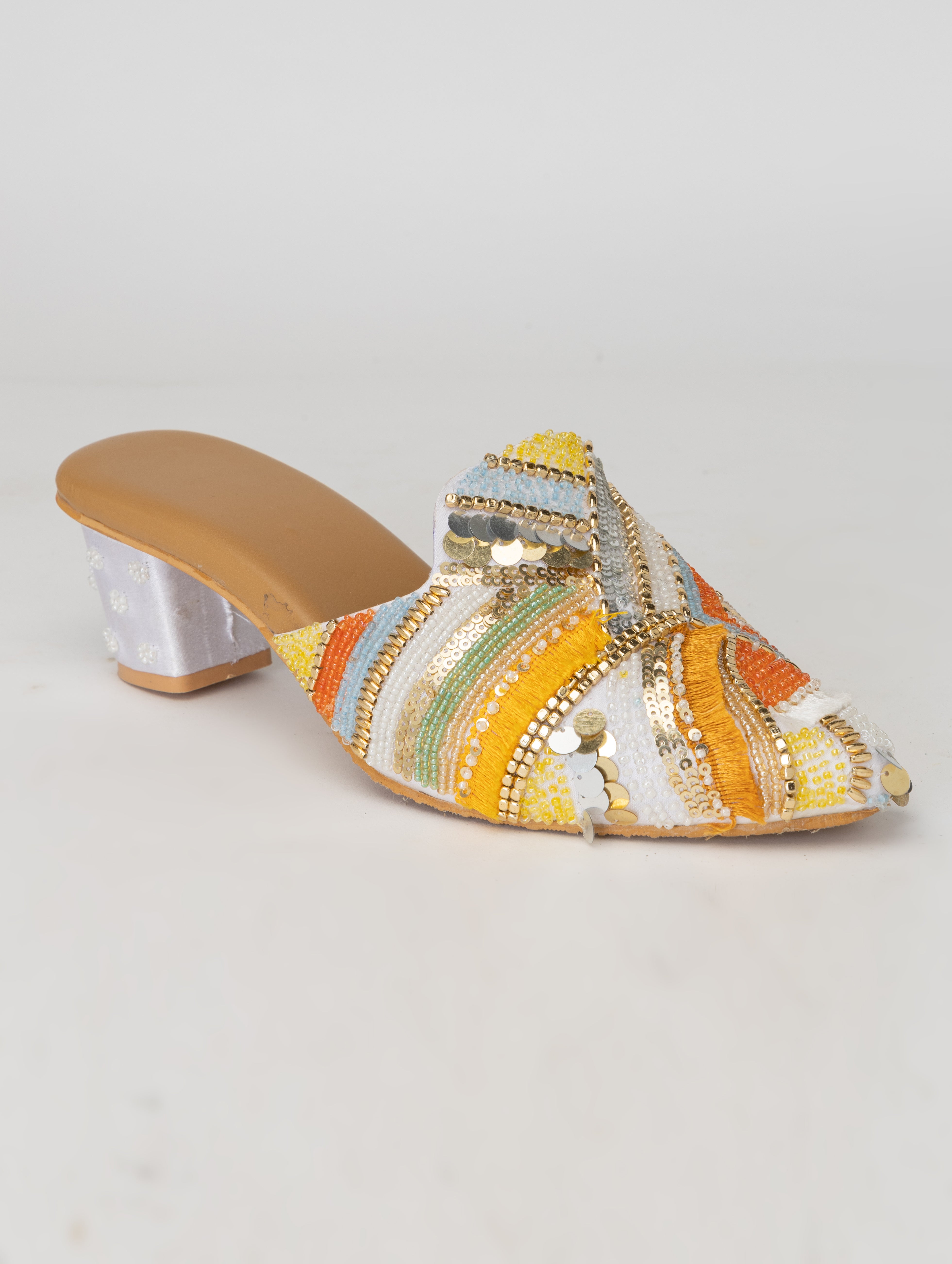 White Heeled Mules – Kaleidoscope Embellished Slip-Ons