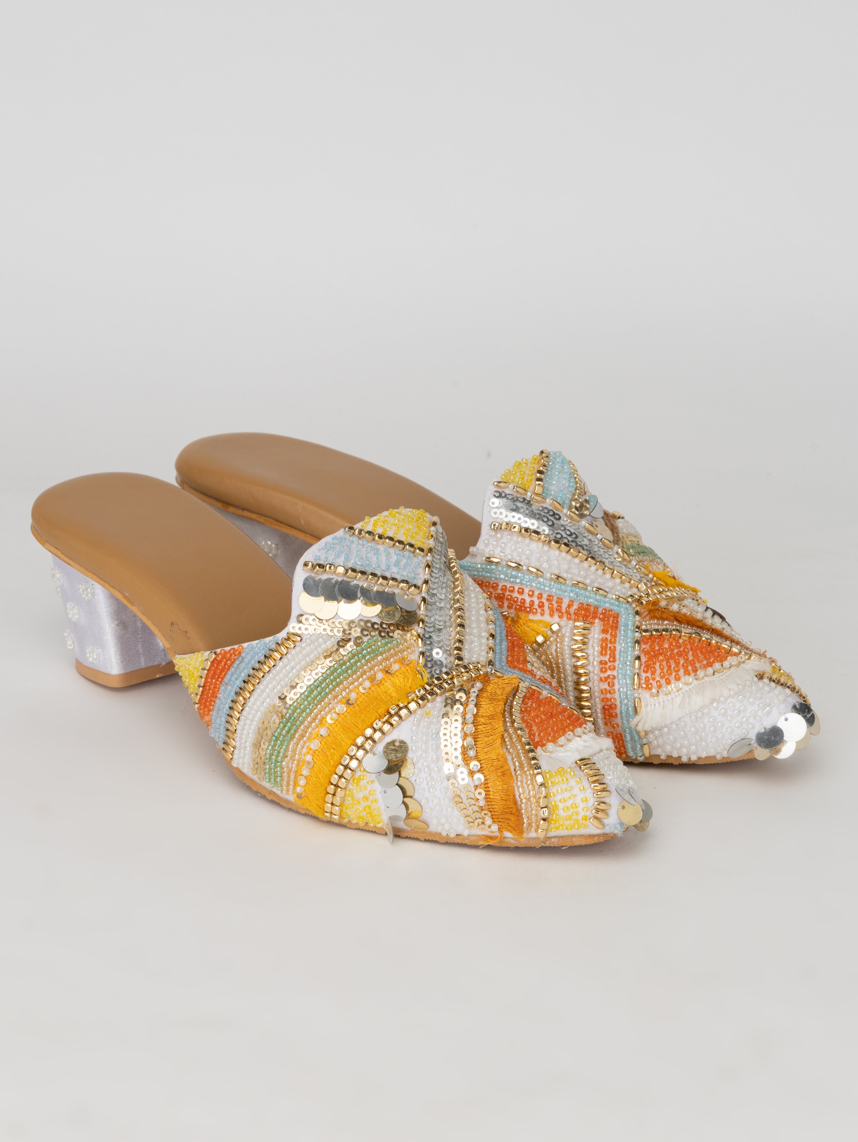 White Heeled Mules – Kaleidoscope Embellished Slip-Ons