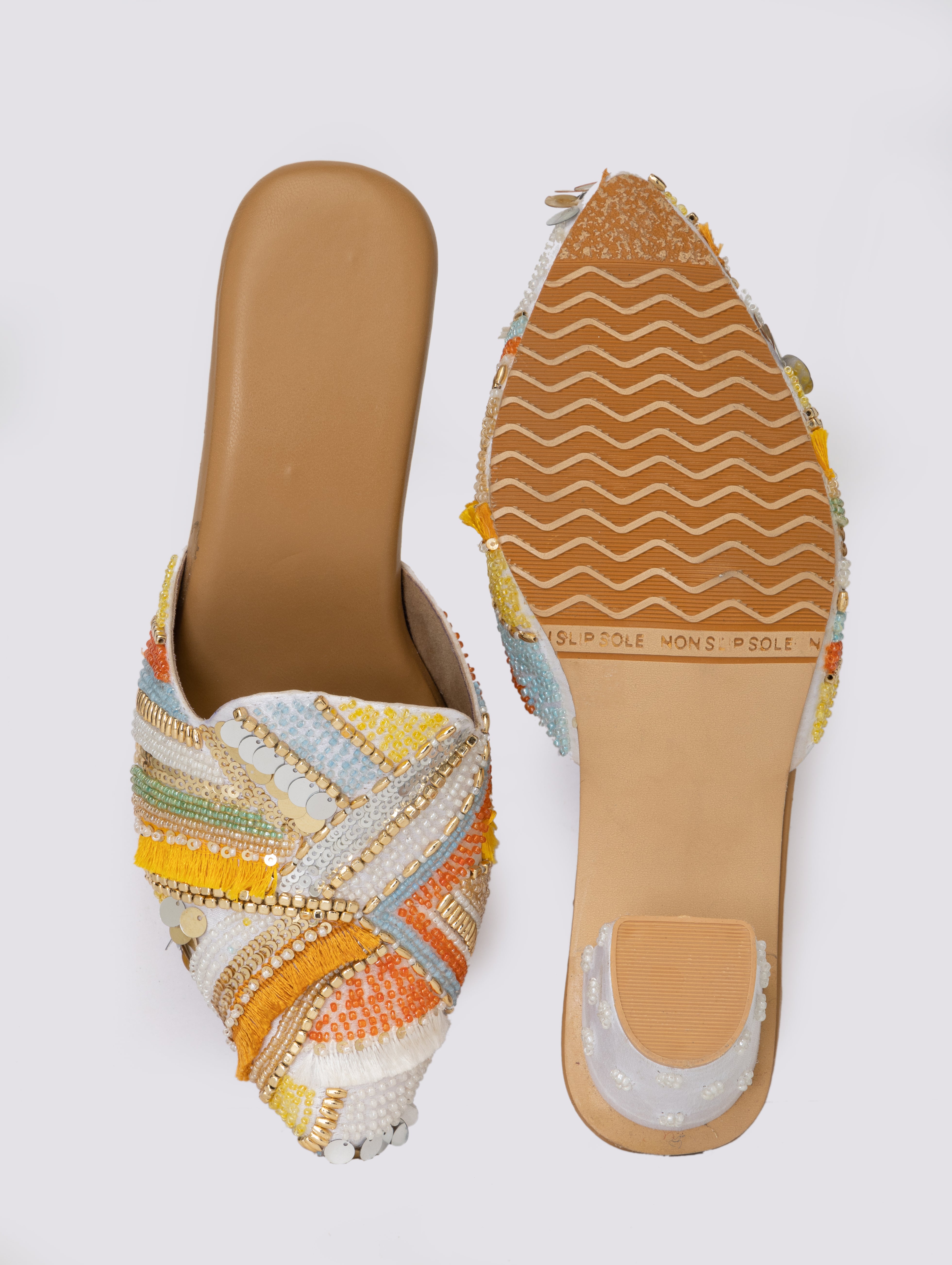 White Heeled Mules – Kaleidoscope Embellished Slip-Ons