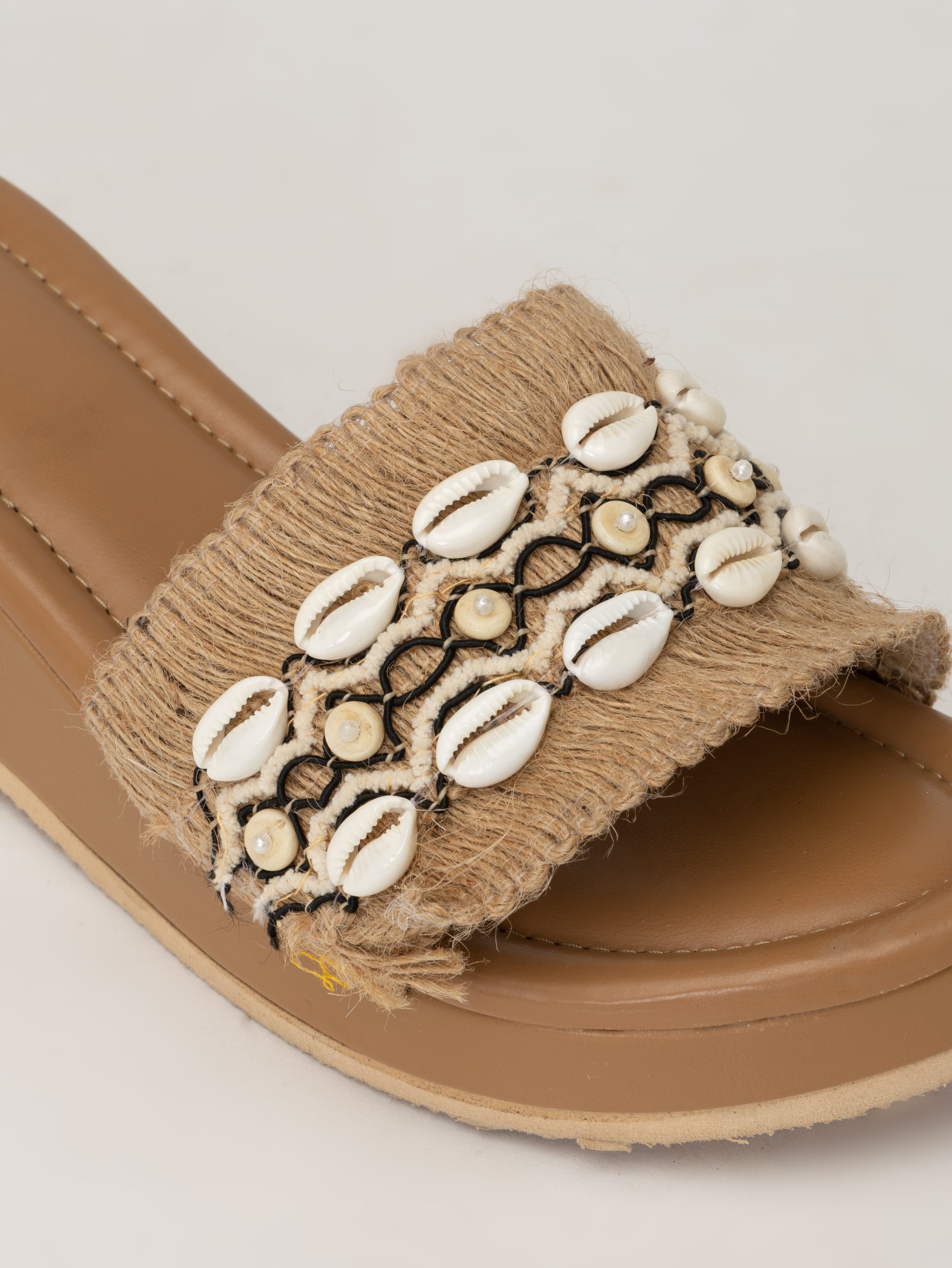 Beige Seashell Block Heels – Coastal-Inspired Slip-On Sandals