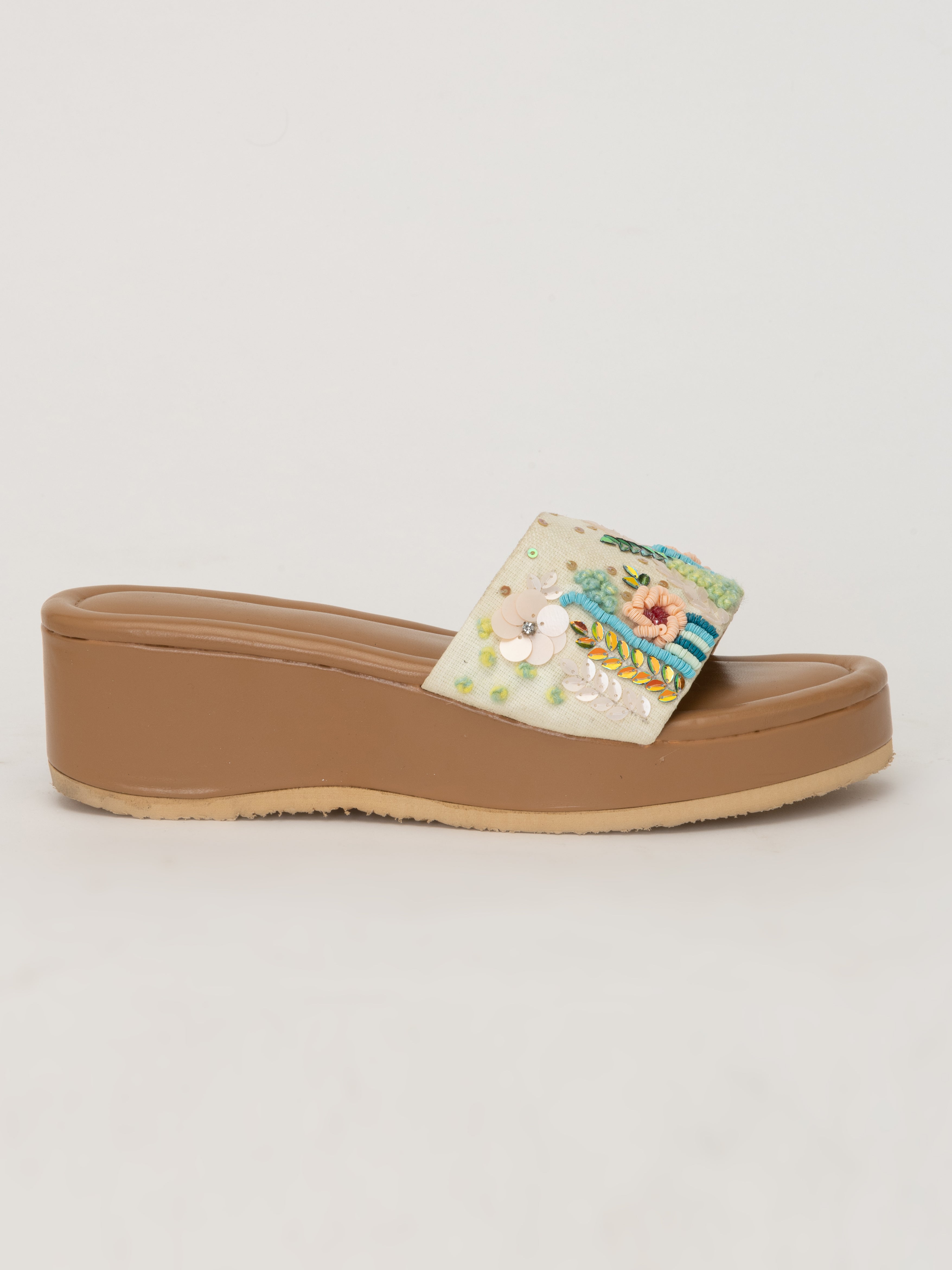 Beige Threadwork Block Heels – Artistic Slip-On Sandals