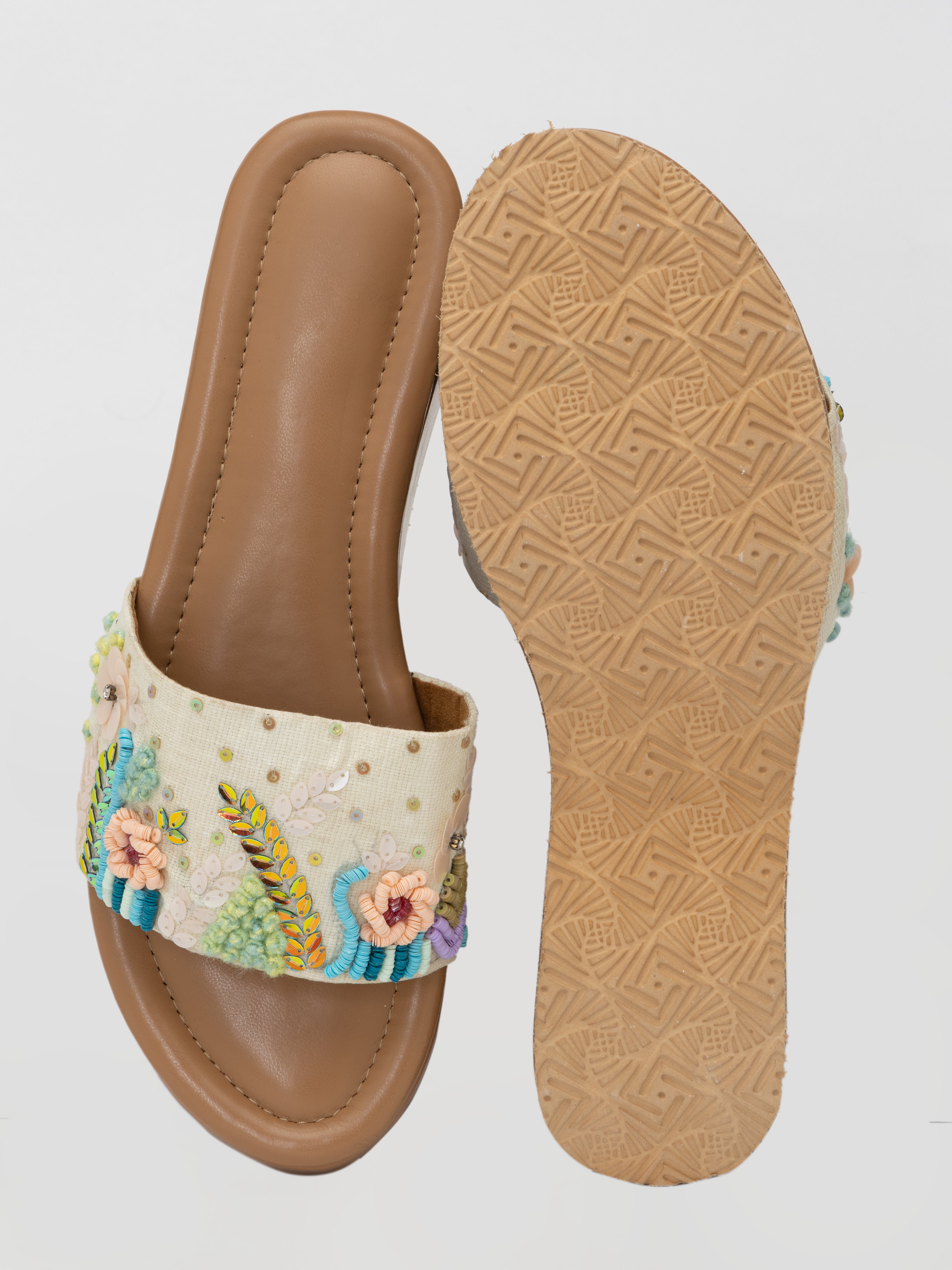 Beige Threadwork Block Heels – Artistic Slip-On Sandals